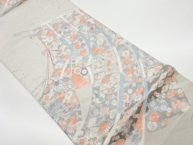 JAPANESE KIMONO / VINTAGE FUKURO OBI / PLATINUM FOIL / WOVEN CRANES & TRADITIONAL PATTERN